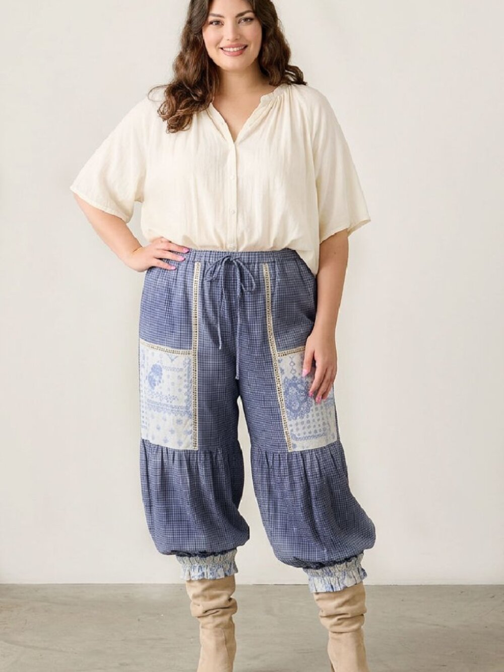 Davi & Dani Contrast Patchwork Bloomer Pants in Blue - Picture 4 of 5